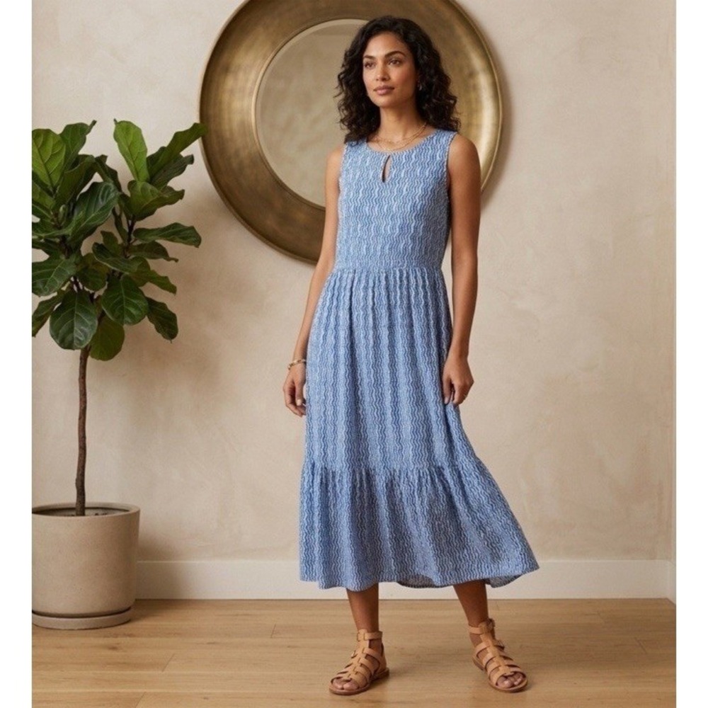 Chico's Blue White Tiered Chevron Print Maxi Coastal Slink Dress Keyhole US 4/6